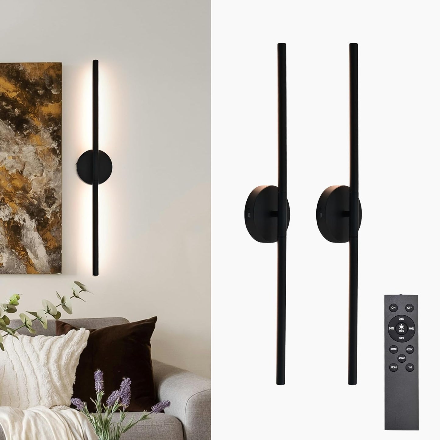 Black Battery Operated Wall Sconces Set of 2 360° Rotate Dimmable LED Wall Lamps 19.6 Inch Wireless Rechargeable Wall Lights with Remote Control