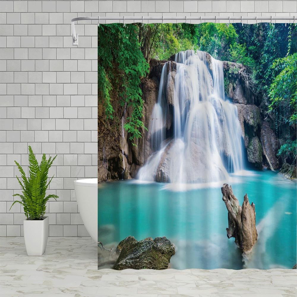 Waterfall Landscape Shower Curtains Outdoor Nature Scenery Lakes Green Plant Forest Spring View Home Bathroom Decor Polyester Fabric Bath Curtain Sets 70x70 Inch with Hook