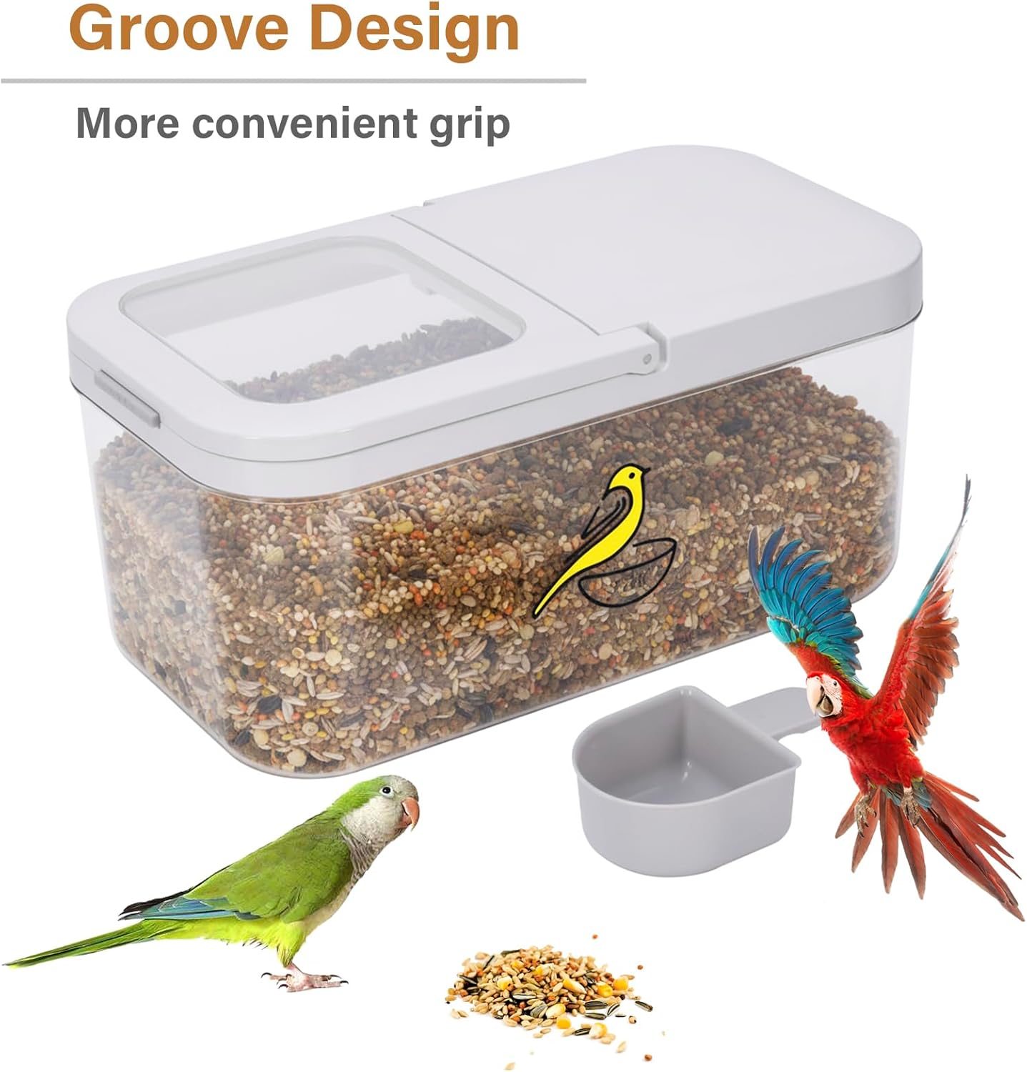Bird Seed Storage Container, 5.4 Qt/6 L Pet Food Container with Measuring Cup & Stainless Steel Bird Feeder Bowl, Airtight Wild Birds Seed Dispenser, Plastic BPA Free, Clear