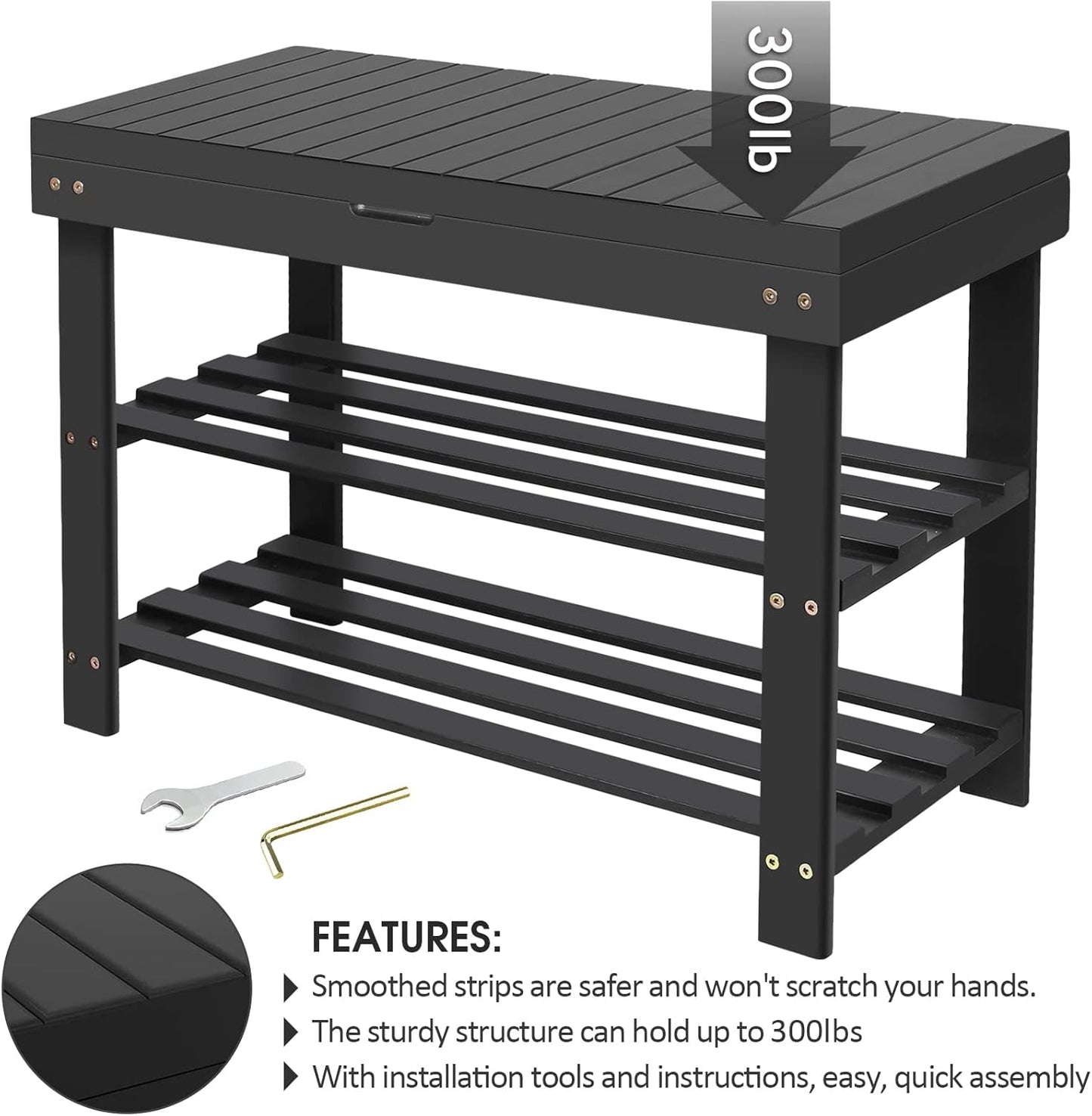 BAMBUROBA Shoe Rack Bench for Entryway,3-Tier Bamboo Small Bench with Storage Drawer,Shoe Shelf Organizer Indoor Outdoor Use,Black