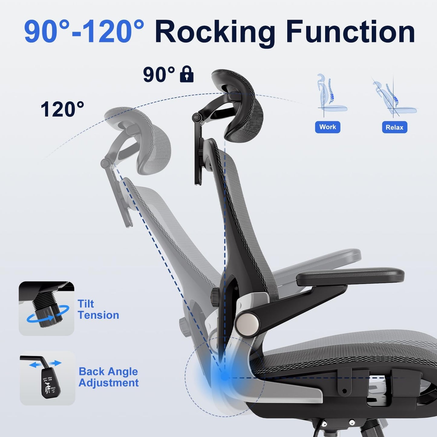 Ergonomic Office Chair, Mesh Seat Cushion with 3D Armrests and 3D Head