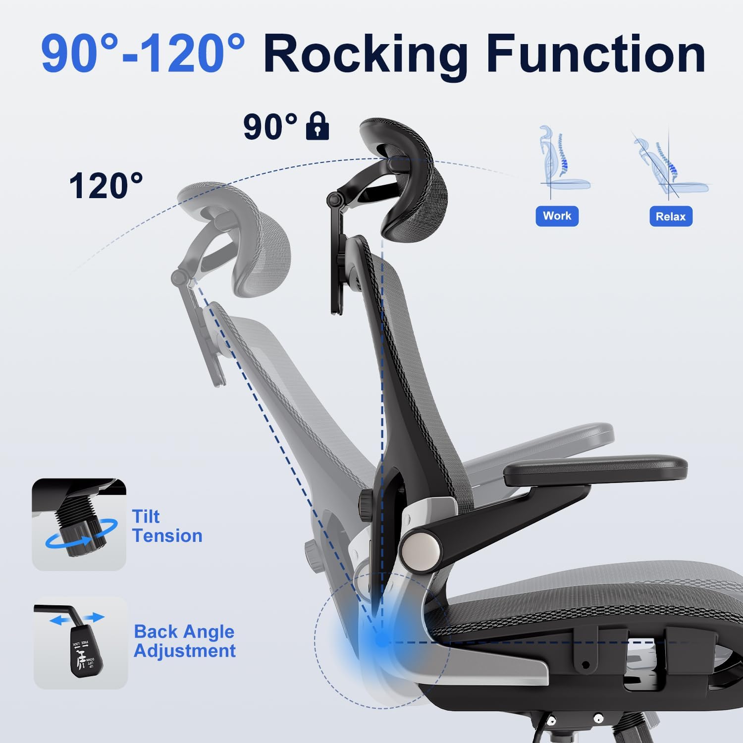 Ergonomic Office Chair, Mesh Seat Cushion with 3D Armrests and 3D Head