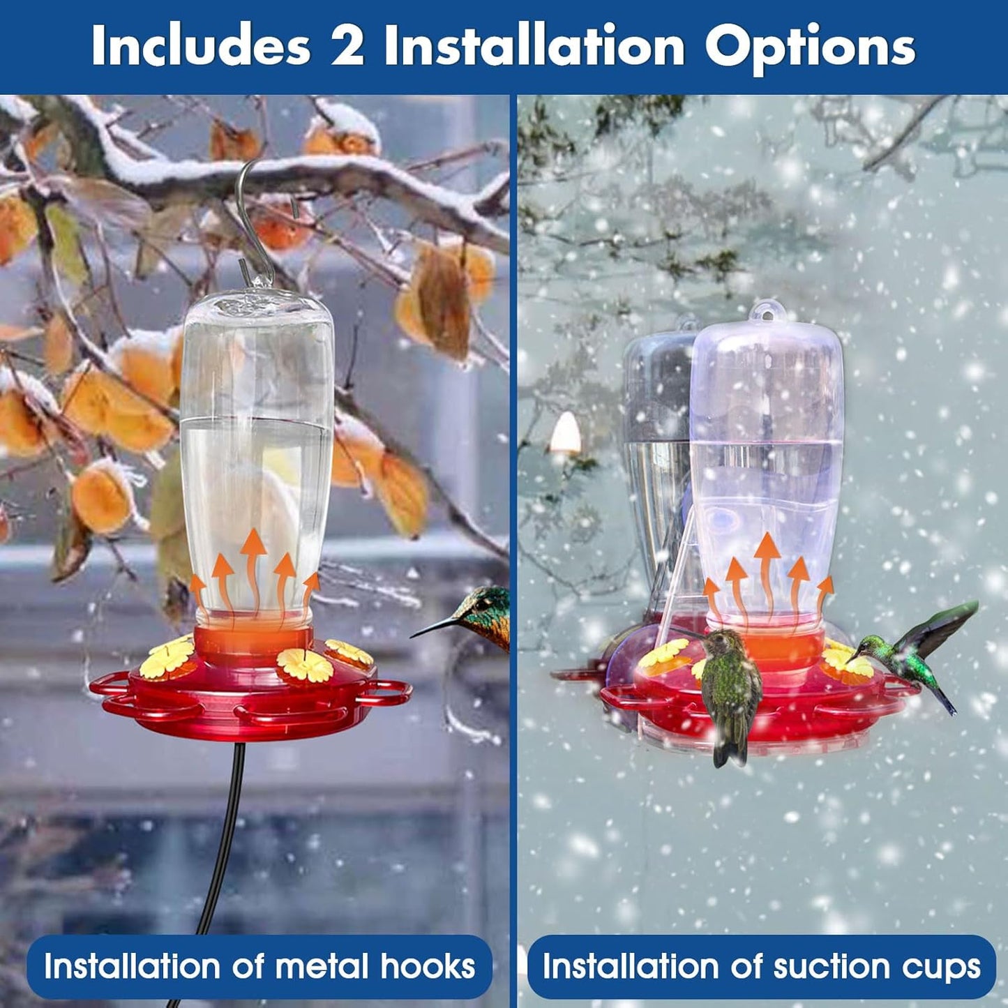 Heated Hummingbird Feeders for Outdoors, 15 Ounces Plastic Heated Hummingbird Feeder for Winter, 2-in-1 Outdoors Hanging & Window Suction Cup Design with 4 Feeding Ports (1 Pack)