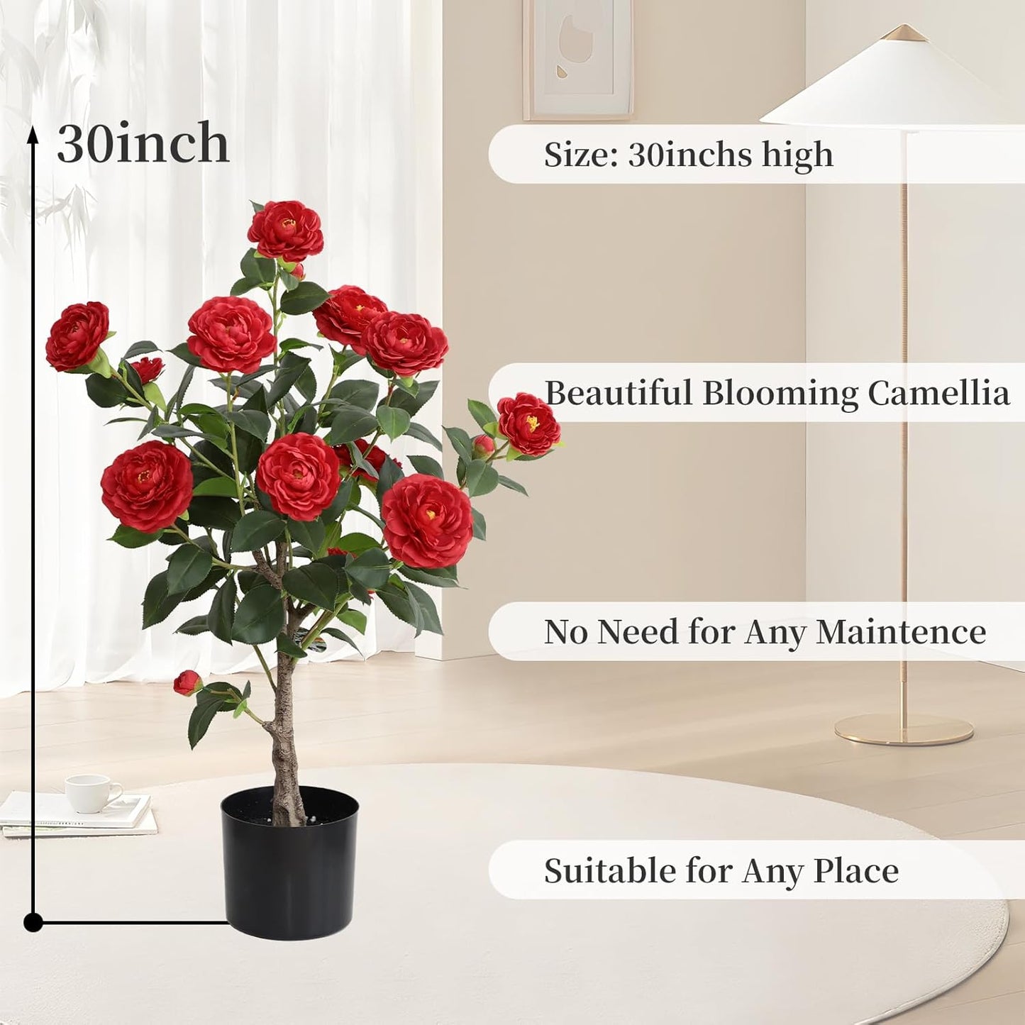 momoplant Artificial Camellia Tree 30 Inch Faux Flower Plant Set of 2 Fake Camellia Trees with 2 Black Pots Plant for Office Home Porch Outdoor Indoor Decor (Yellow&Red)