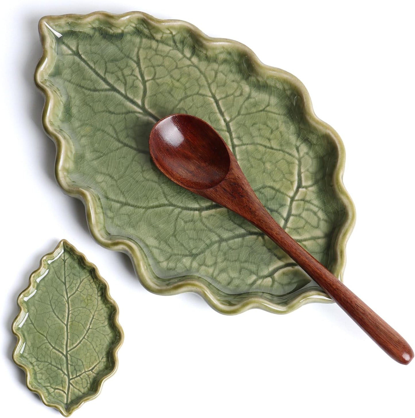 Ceramic Spoon Rest for Stove Top - Cute Green Leaf Shaped Spoon Rest/S