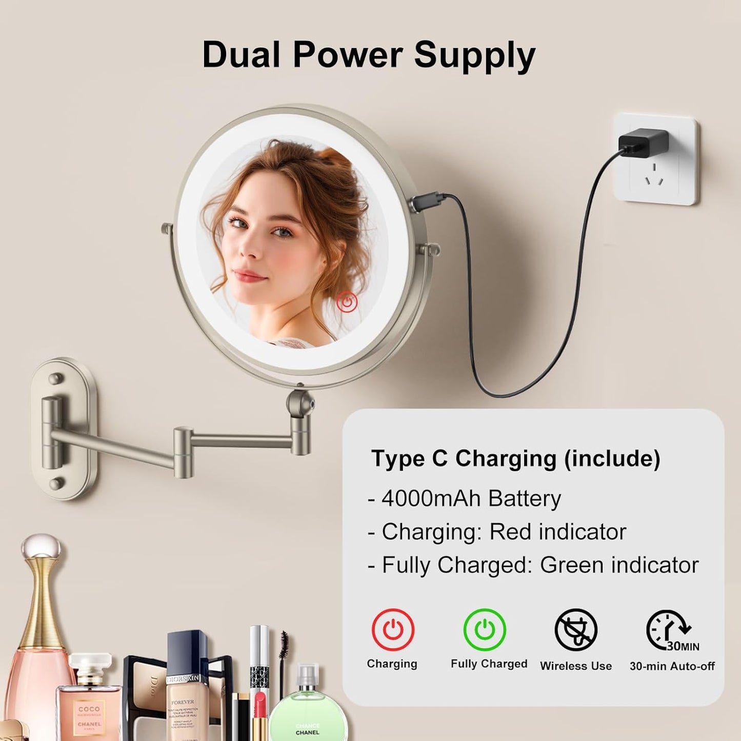 9" Wall Mounted Lighted Makeup Mirror,4000mAh Rechargeable Double Side