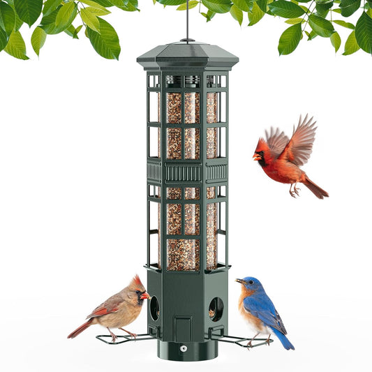 Squirrel Proof Bird Feeder for Outdoors - 3 Port Hanging Metal Squirrel Buster with Gravity Spring, 3LB Large Capacity, Chew-Proof & Weather Resistant, Attract Wild Birds, Green