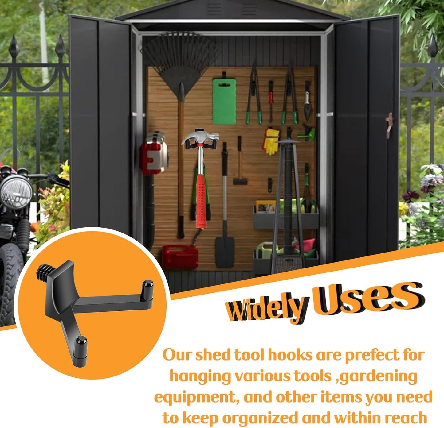 9 Pcs ABS Storage Shed Tool Hooks, Heavy Duty Shed Accessories & Hooks - Compatible with Suncast & Craftsman Sheds, Black J/U/V Shape for Organizing Ladders, Hoses & Garden Tools in Outdoor Sheds.
