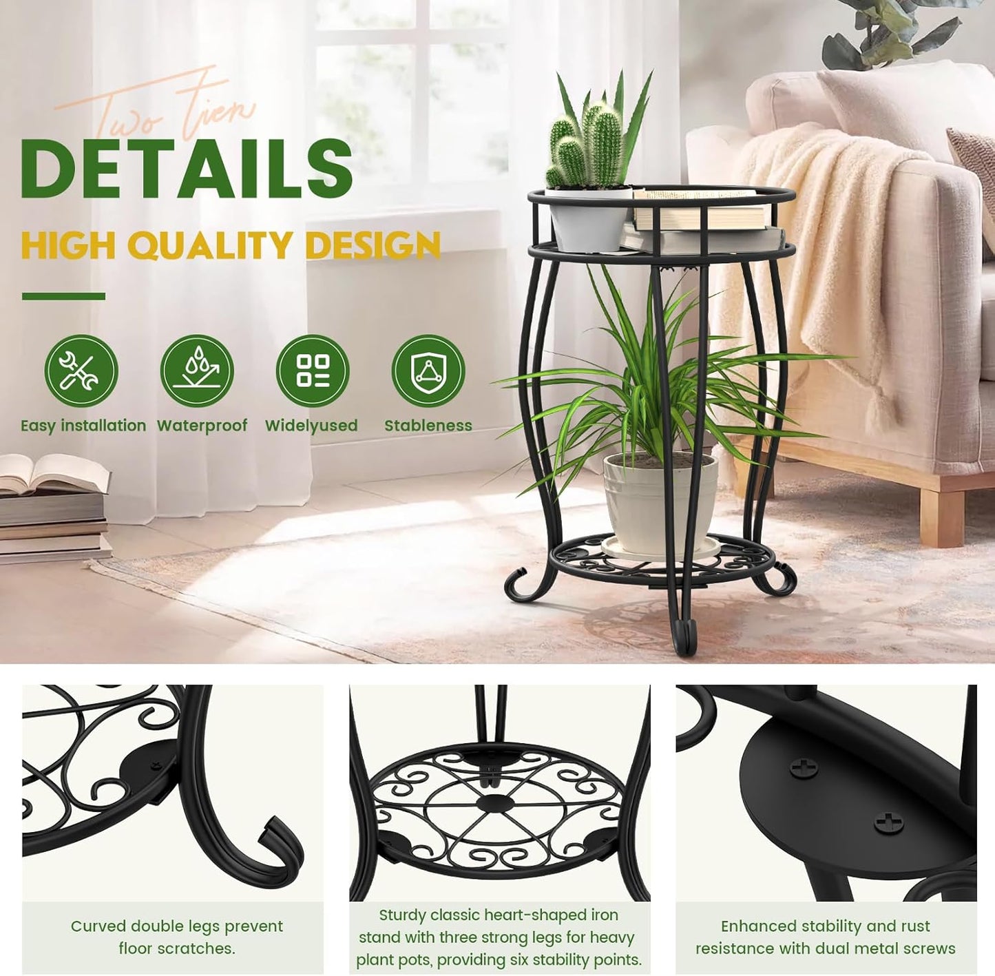 TOSKING 2 Tier Metal Plant Stand Indoor Outdoor , Rustproof Stable Pla