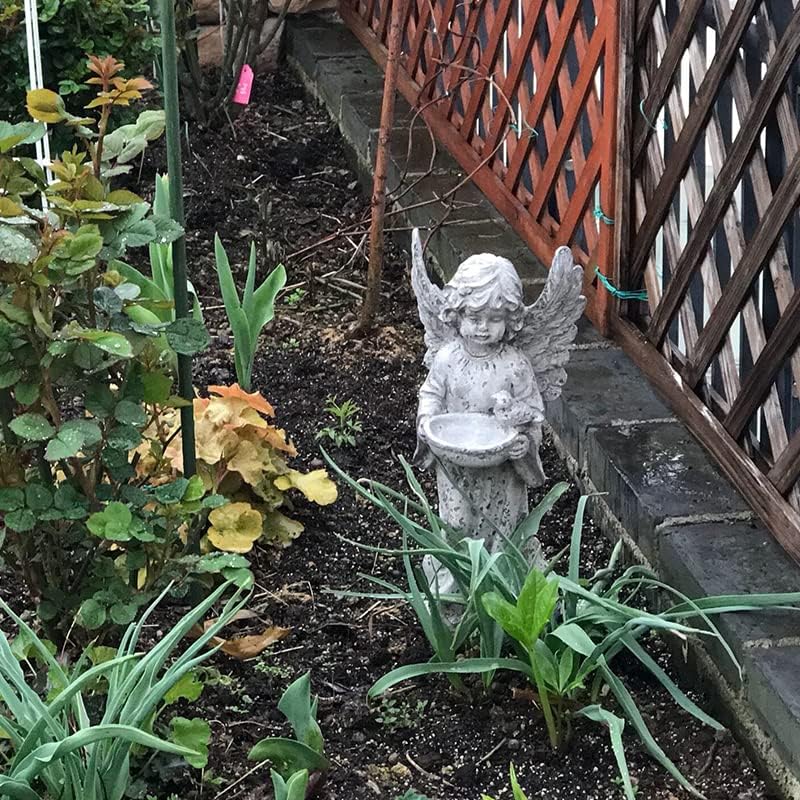 Resin Small Angel Birdfeeder Statuary with Bird Decor,Distressed Bird Feeder Stand for Indoor Outdoor