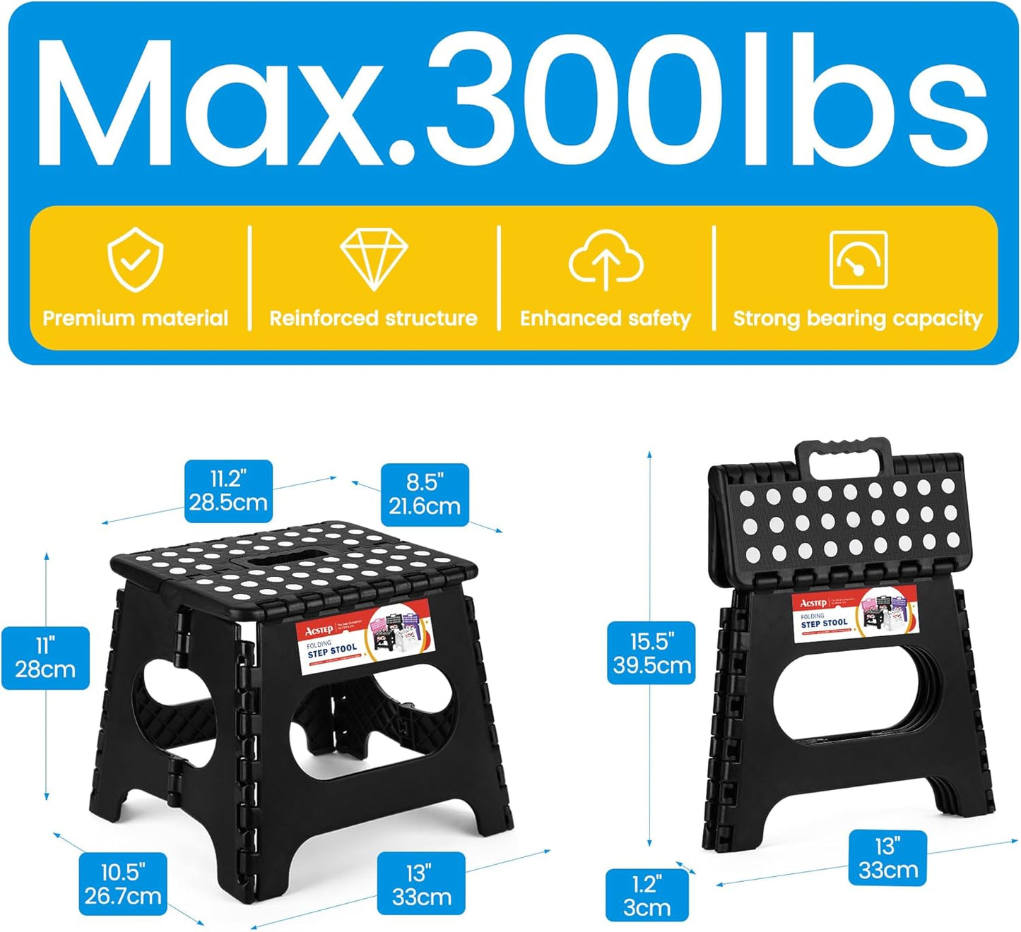 ACSTEP Folding Step Stool 11 Inch, Sturdy Plastic Foldable Step Stool for Kids & Adults, Non Slip Lightweight Collapsible Foot Stools Holds 300 lbs, Ideal for Kitchen, Bathroom, Bedroom, Outdoor