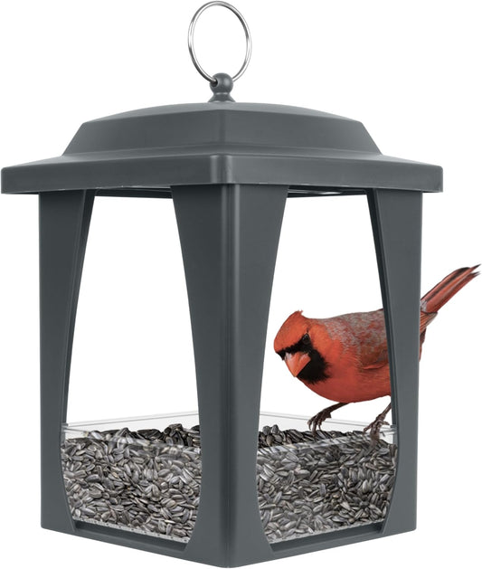 Nature’s Way Dine-in Hanging Fly-Through Bird Feeder with Protective Roof for Outdoor Décor, 4 Cup Capacity Fresh-Seed Tray, Durable Plastic Construction, Grey