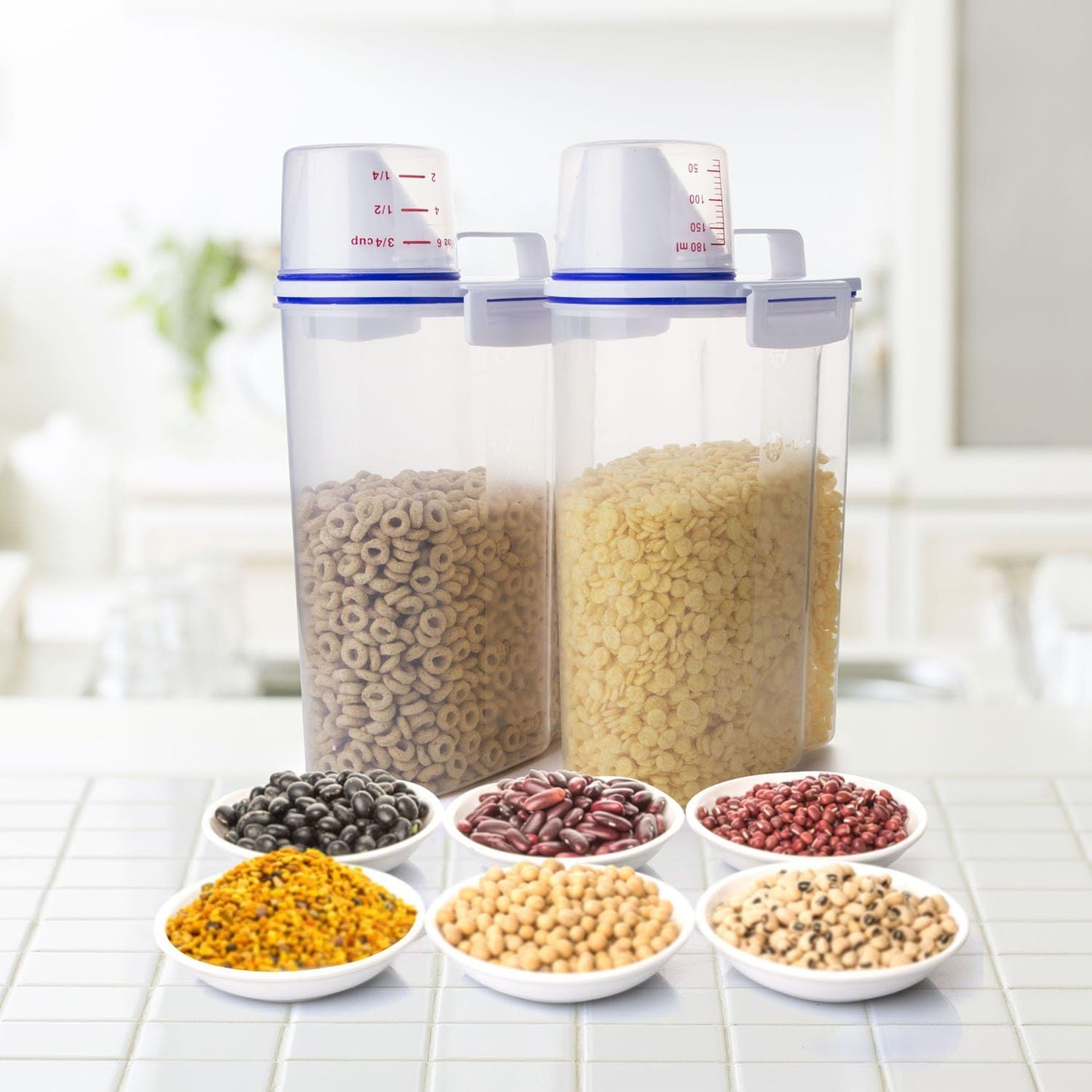 TBMax Rice Cereal Container Oatmeal Dispenser - 2 Pack Rice Storage Container with Measuring Cup + Easy Pouring Spout, Perfect for Flour Sugar Grain Nuts Kitchen Pantry Storage Organization