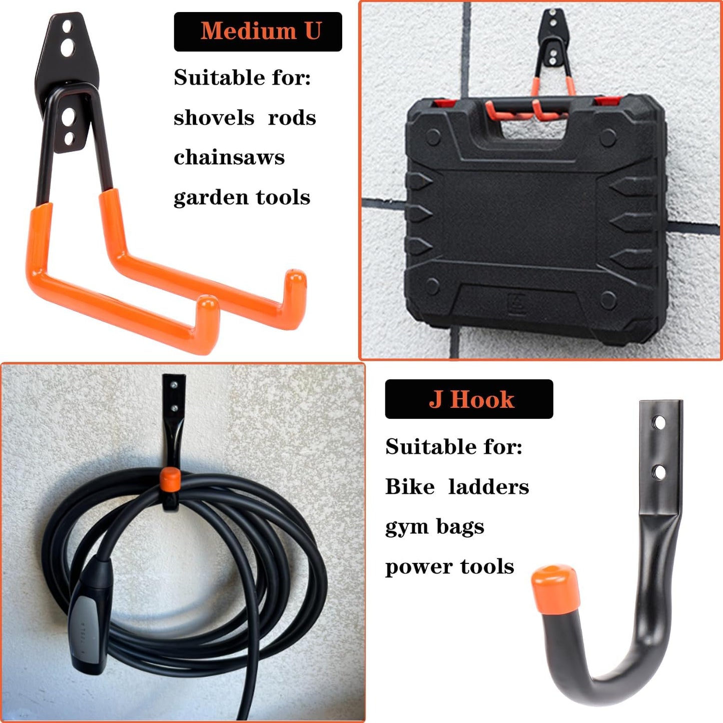 TocTen Garage Hooks, 14 Pack Garage Storage Hook Heavy Duty Solid Steel Wall Hooks, Wall Mount Storage Hook Kit with Anti-Slip Coating Ladder Hooks for Hanging Garden Tools Chair Hose Ropes (Orange)