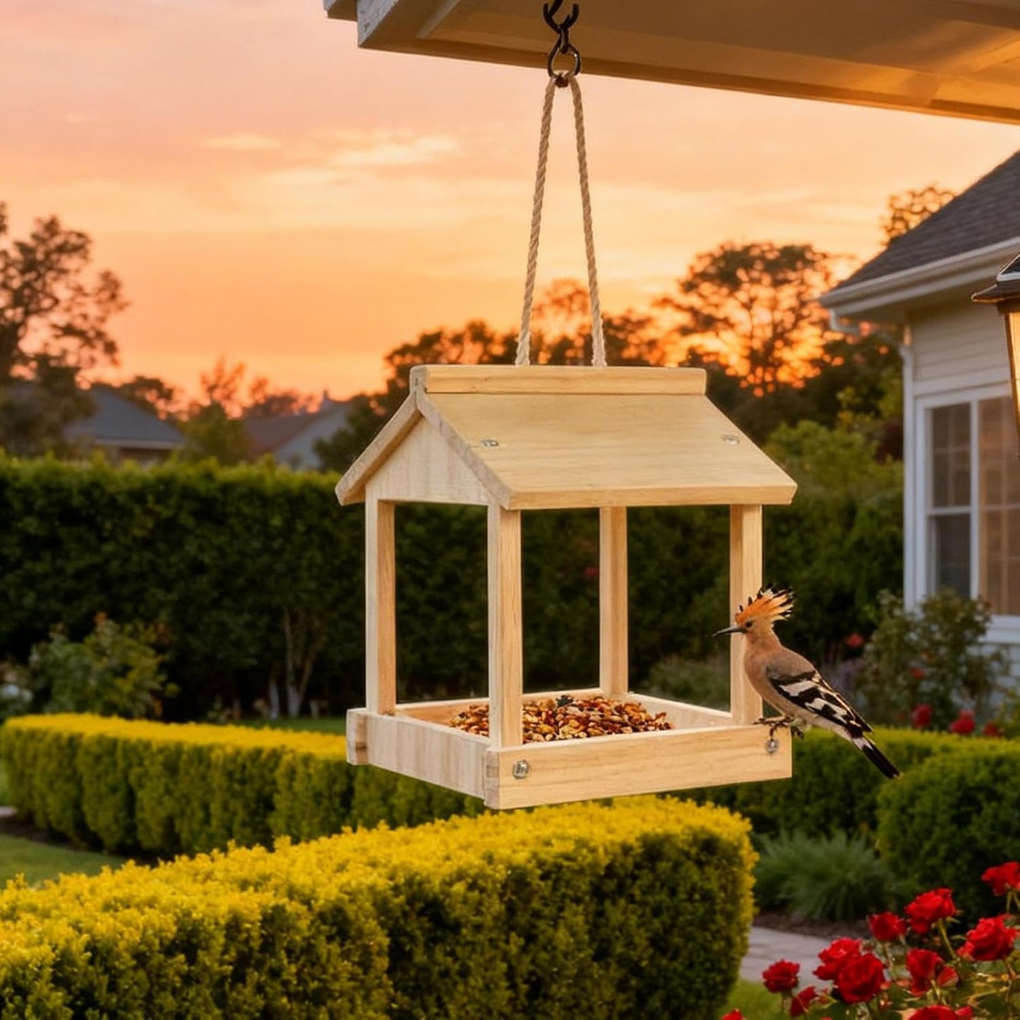 Bird Feeder, Wooden Weather-Resistant Outdoor Feeding House, Squirrel-Proof Design for Backyard Garden, Durable Timber Construction, Wildlife-Friendly Birdhouse for Finches, Sparrows, Chickadees