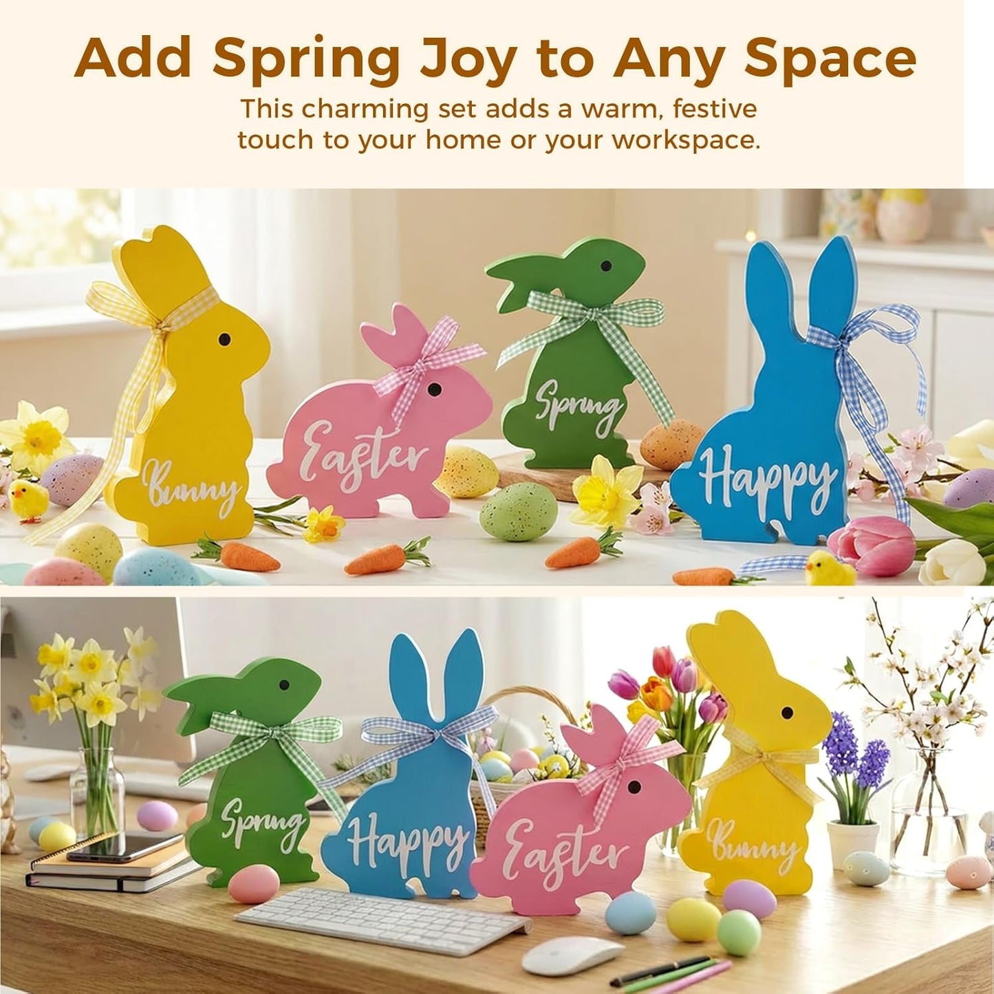 Easter Decor, 4 Pcs Bunny Spring Easter Decorations for Home Office Table, 5~6.4 Inches Wood Rabbit Easter Decorations Sign with Ribbons for Tiered Tray Mantel Shelf, Farmhouse Party Supplies