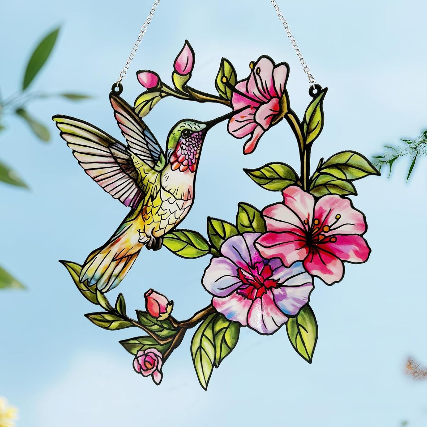 Stained Glass Hummingbird Suncatcher, Marzovitra 12 inch Stained Glass Window Hanging Yard Décor with Flowers, Sun Catcher for Home Decor, Garden, Patio Bird Window Art Gift for Nature and Bird Lovers