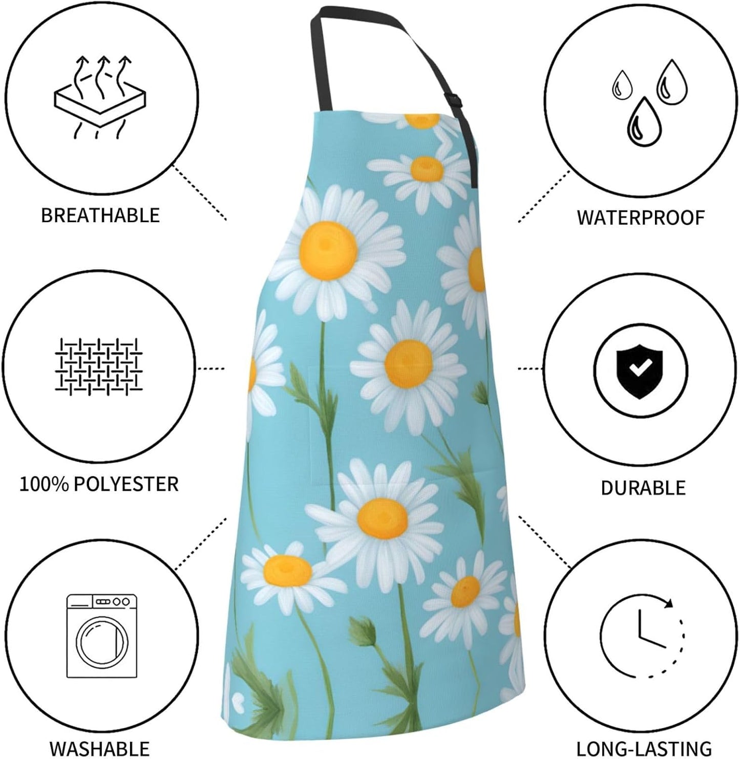 White Daisy in Light Blue Background print Waterproof chef's apron wit