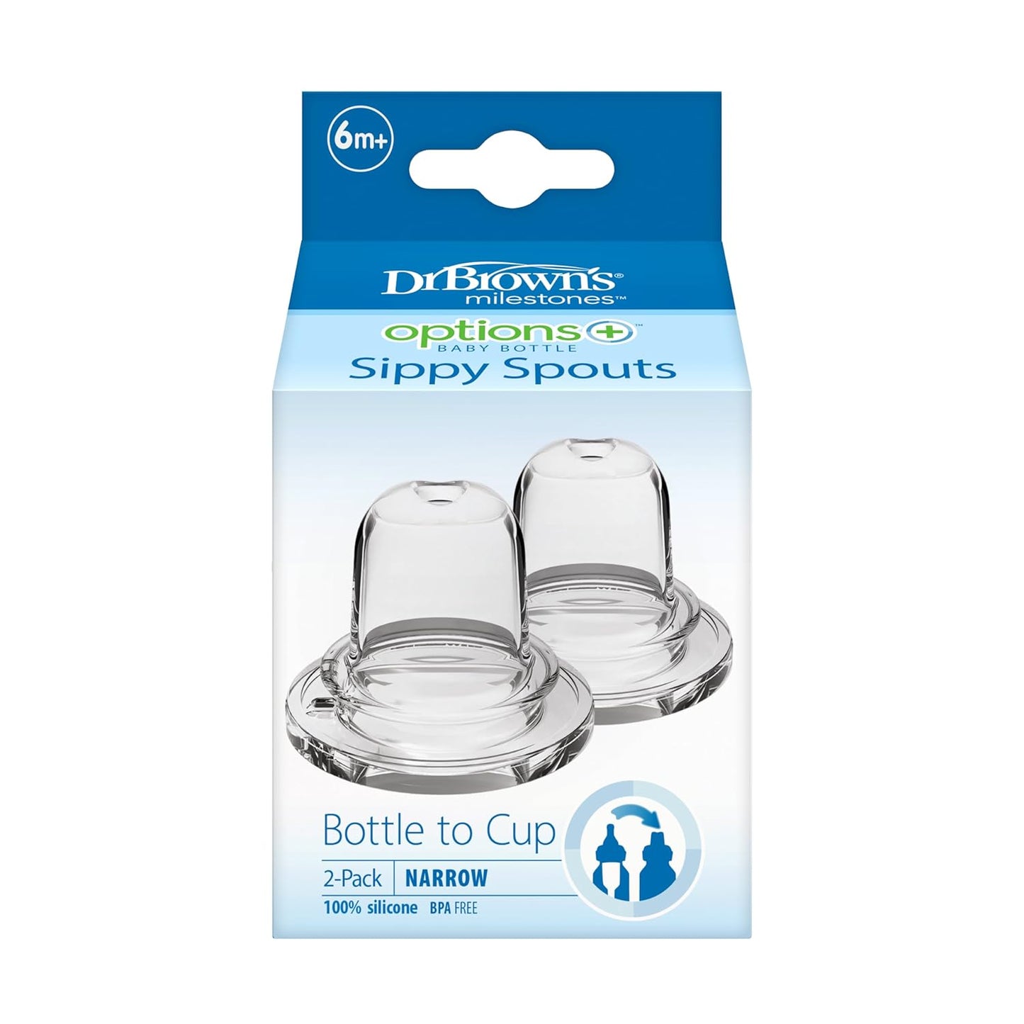 Dr. Brown’s Milestones Options+ Sippy Spouts, 2-Pack Narrow, Soft 100% Silicone Baby Bottle Sippy Spout, 6m+