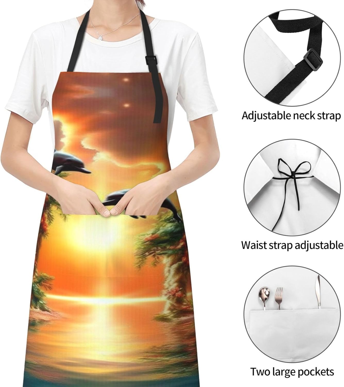 sunset dolphins print Waterproof apron with pocket adjustable cooking apron for adult kitchen bibs to bake