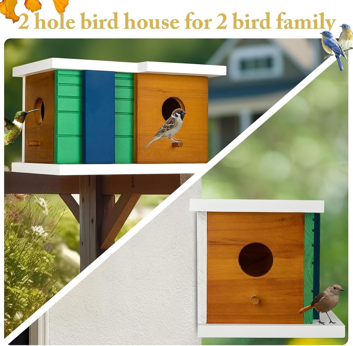 Bird House Wooden Birdhouse with 2 Holes - Bird House for Outside Ideal for Bluebird,Finch, Cardinals and Garden Wild Birds - Outdoor Hanging Bird Nesting Box