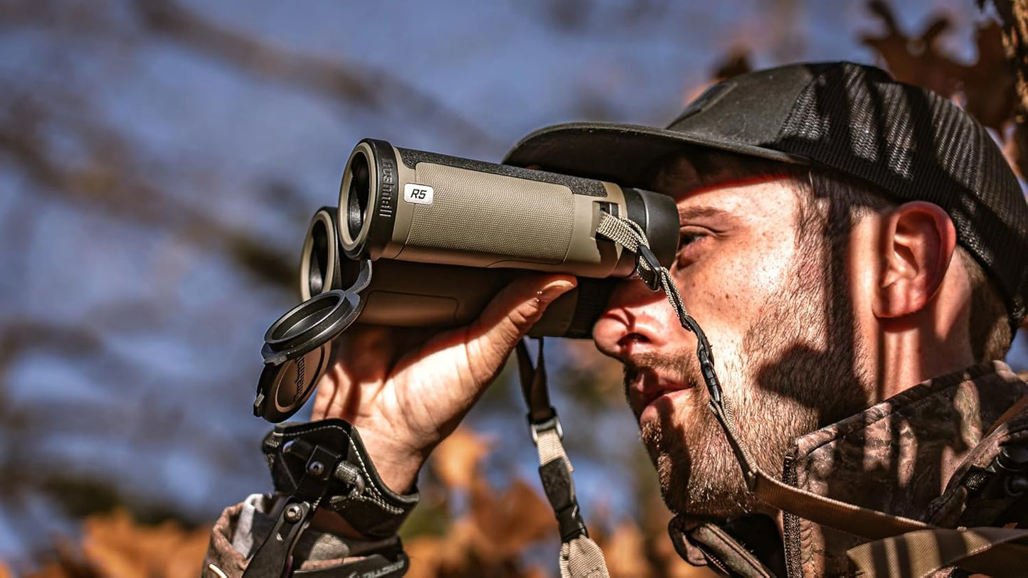 Bushnell R5 10x42 Binoculars - Waterproof, Dielectric Multi-Coated Optics with EXO Barrier Lens Protection for Long Range Viewing and Hunting, Includes Vault Lite Bino Chest Harness & Neck Strap