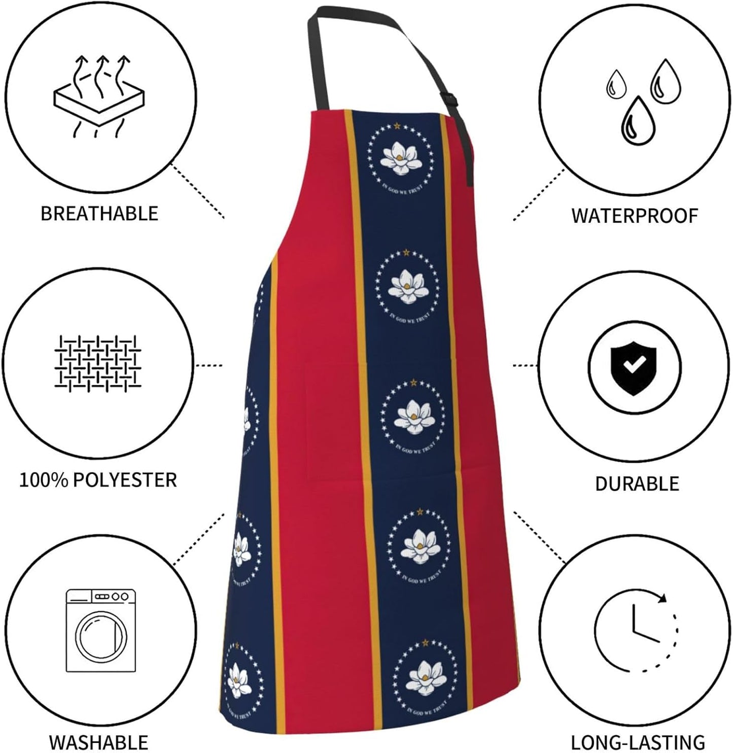 Mississippi State Flag print Waterproof chef's apron with pocket apron for kitchen cooking baking barbecue and gardening