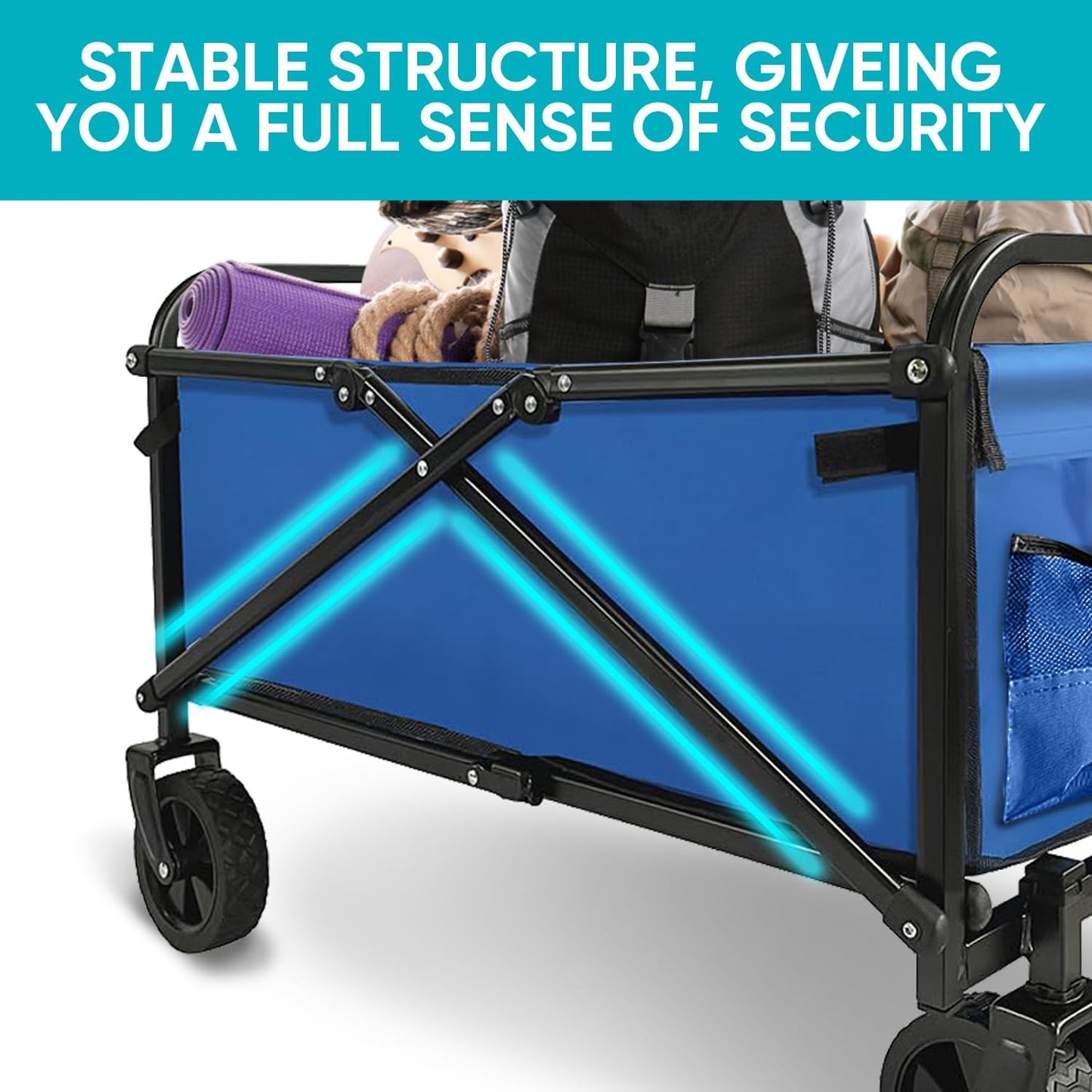 Collapsible Wagon with Quiet Wheels - Silent Grocery Shopping Cart for Seniors, Foldable Utility Cart for Laundry & Apartment, Washable Heavy Duty Rolling Wagon with Two Mesh Pockets, Blue