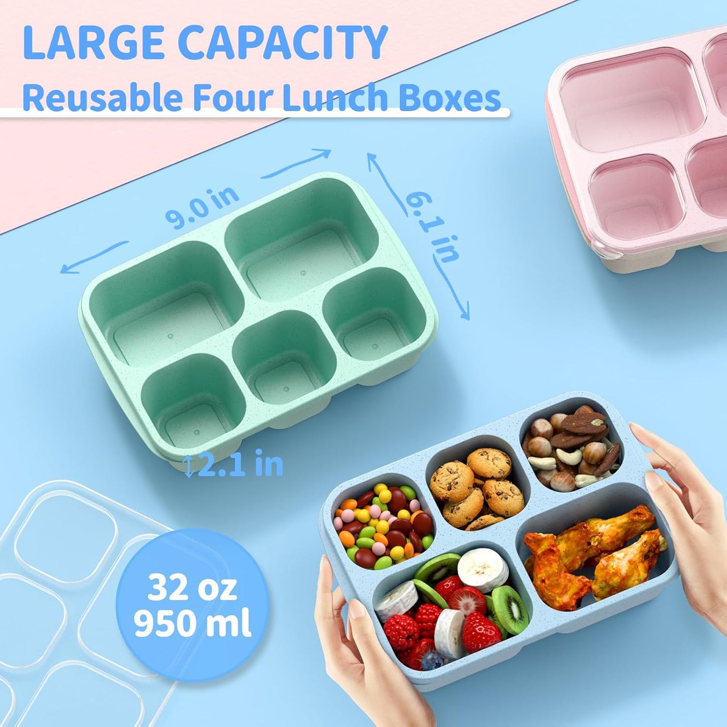 Bento Box Adult Lunch Box - 4 Pack, 5 - Compartment Meal Prep Containe