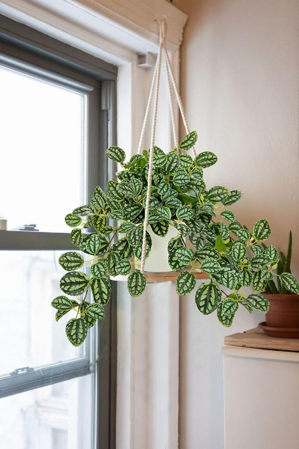 Fake Hanging Plants in Ceramic Pot with Wooden Stands,Artificial Ivy Leaves Plant Faux Greenery Vine Plants for Home Bedroom Office Table Shef Desk Indoor Outdoor Decor Green