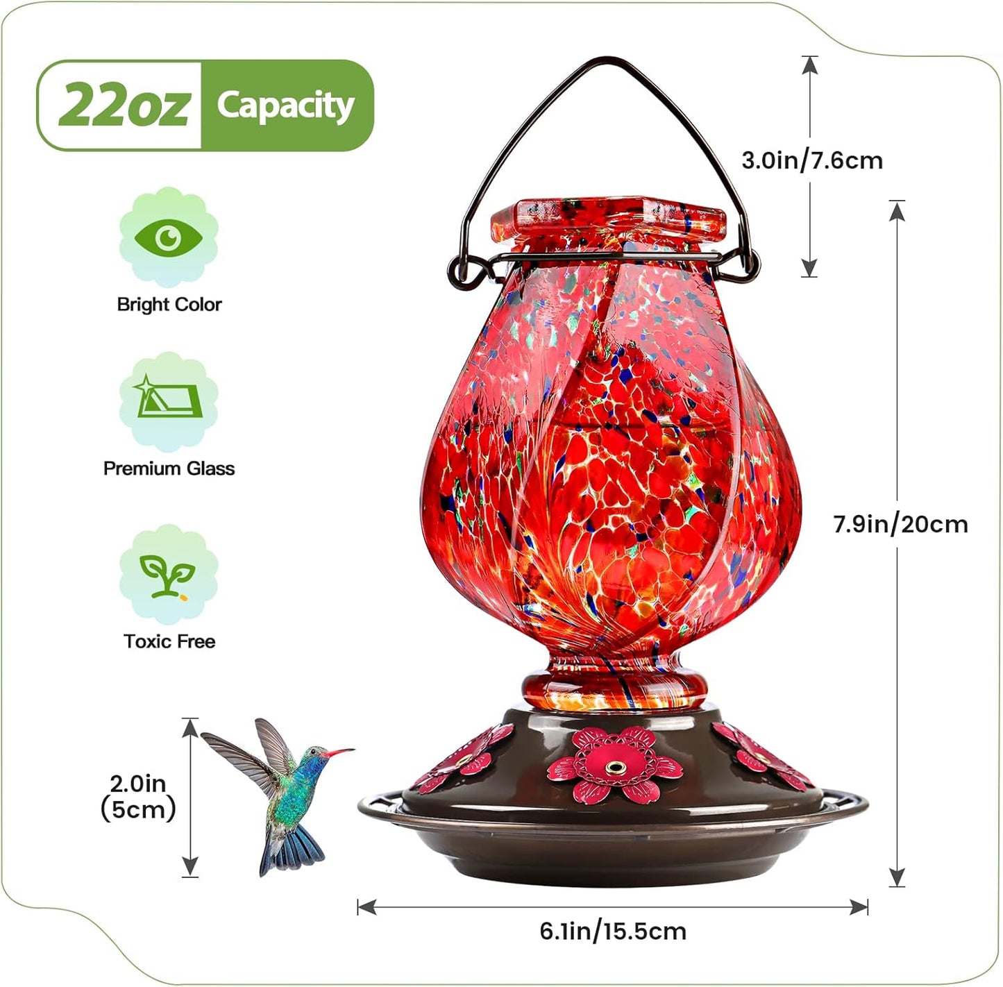 BOLITE Hummingbird Feeder, Hand Blown Glass Hummingbird Feeders for Ou