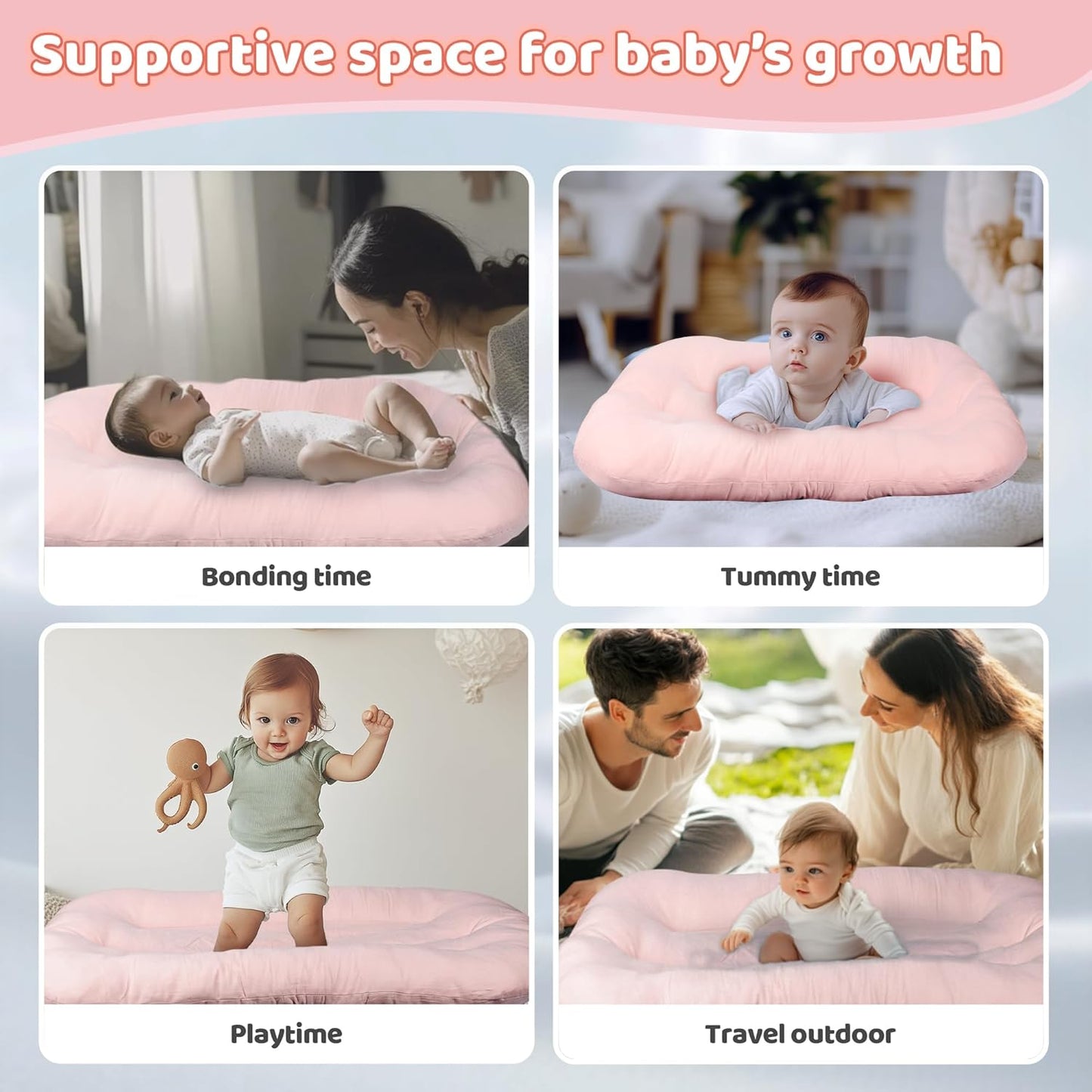Infant Support Cushion - Baby Support Cushion for Newborn, 0-24 Months, Portable Tummy Time Mat for Home and Travel, Soft Cotton, Supervised Use, Baby Essentials Gift, Pink (Cover Included)