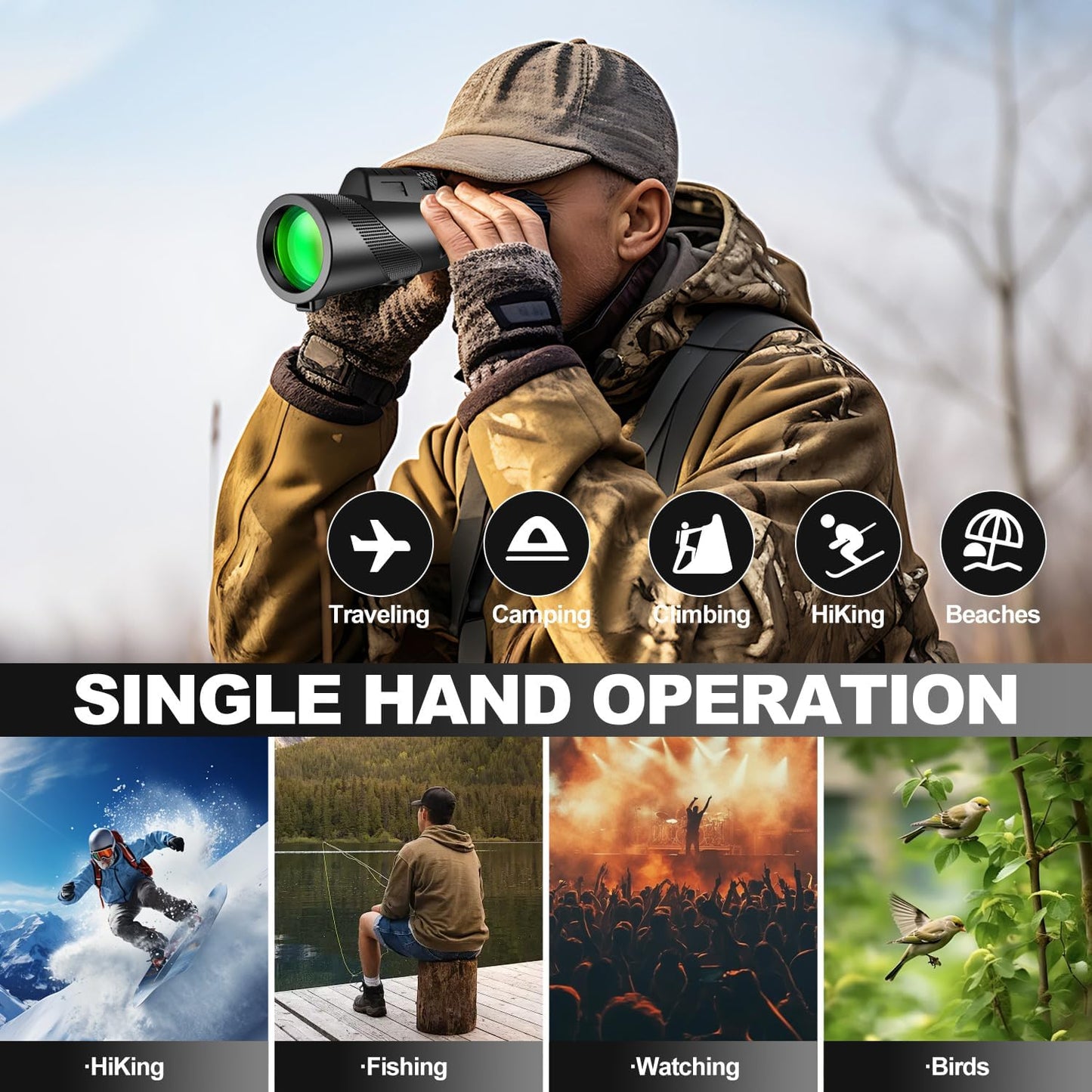Monocular-Telescope 80x100 High Powered Monoculars High Definition for Adults with Smartphone Adapter for Bird Watching, Hunting Wildlife Bird Watching Travel Camping Hiking (Black)