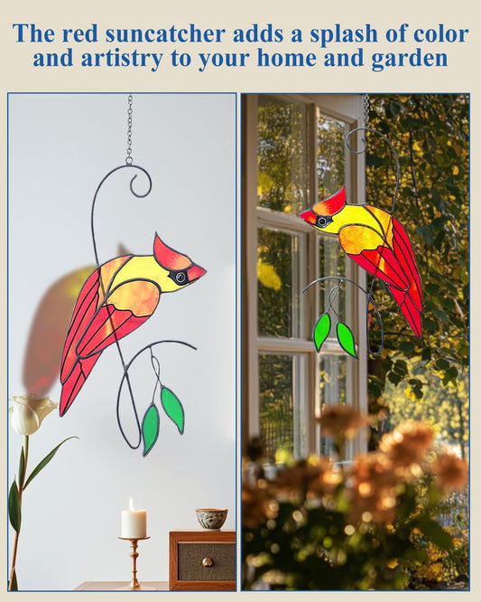 Cardinal Stained Glass Window Hanging, Handmade Memorial Gift for Women Men, Sun Catcher Indoor Window Decor, Suncatcher Bird Decoration, for Mom Bird Lover, 14.6(H) x5.9(W) Inch, Hanger Given