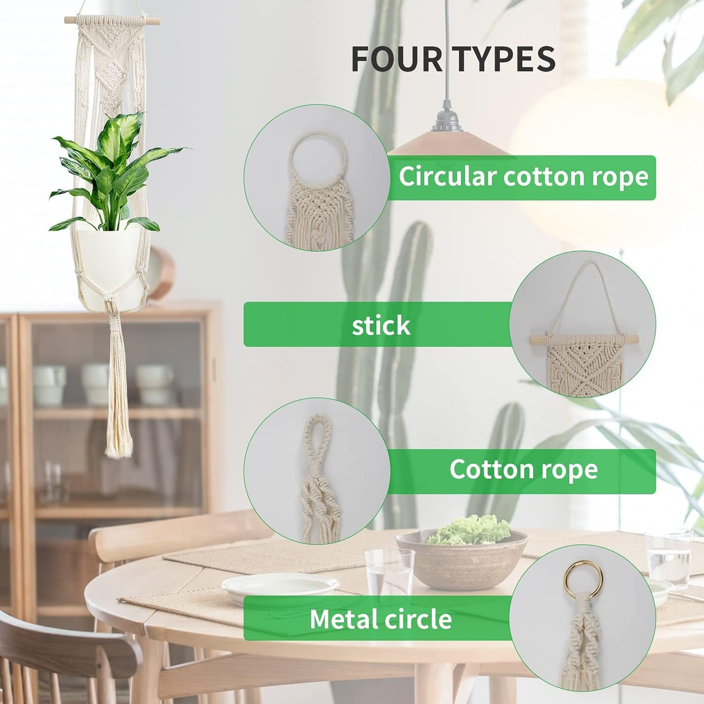 Laerjin Macrame Plant Hangers, Set of 6 Handmade Hanging Plant Holder Basket Stand Decorative Flower Pot Holder - Cotton Rope, 4 Legs, 4 Types