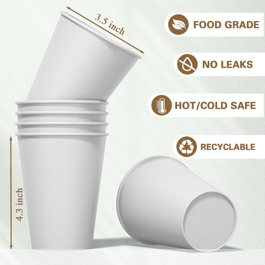 Disposable Paper Coffee Cups 12 oz 100 Count, Leak-Proof Paper Cups 12 oz, Sturdy White Coffee Cups for Cold and Hot Drinks, Party, Office, Travel and Events