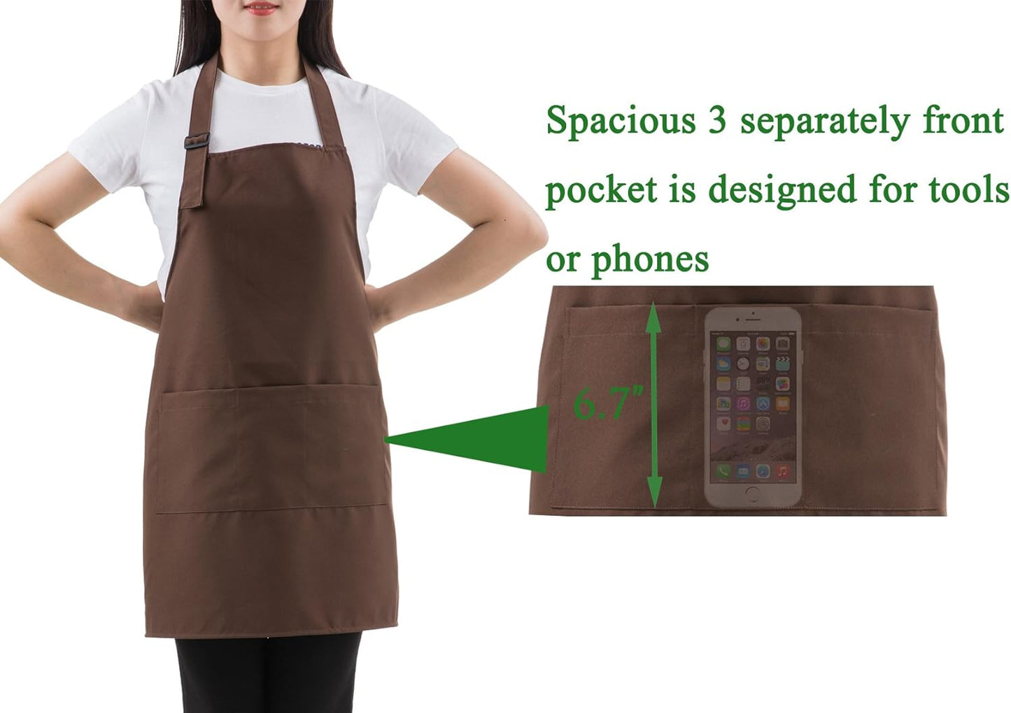 (5 set Brown Professional Resist Water Adjustable Extra Long Bib Apron 3 Pockets Home Kitchen Garden Restaurant Cafe Bar Pub Bakery for Cooking Chef Baker Servers Craft Unisex