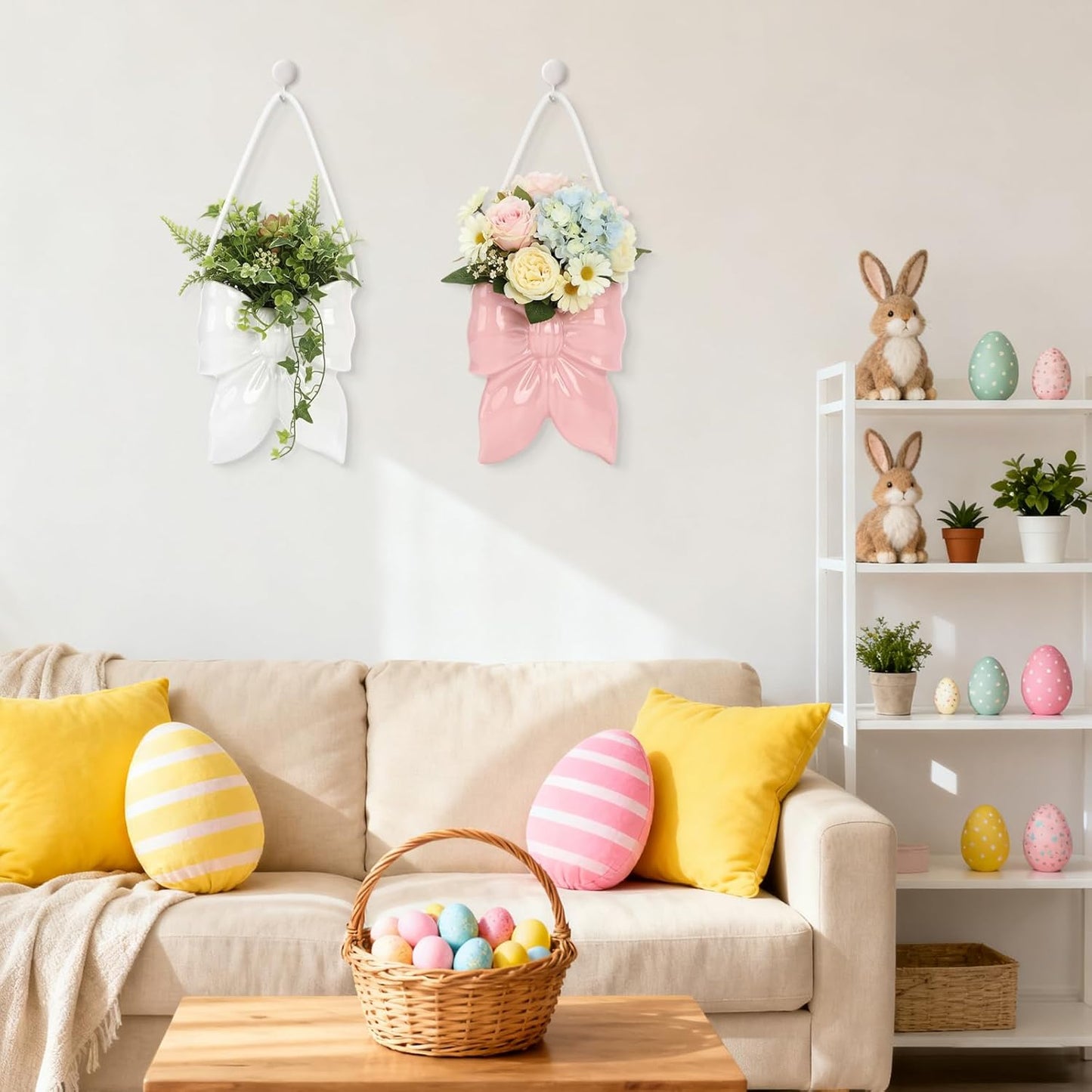 Butterfly Wall Decor Ceramic Hanging Vase, 2 Pack Boho Coquette Planter for Air Plants, Faux Greenery, Home Office Bedroom Indoor Decor, White and Pink
