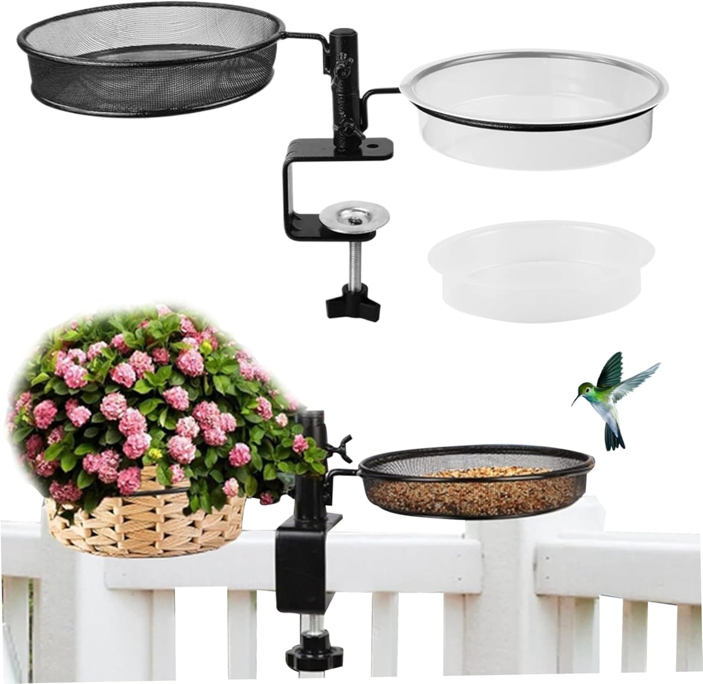 Deck Bird Feeder Balcony Bird Feeder, 360° Rotatable 2-Layer Deck Bird Feeder, Heavy Duty Metal Fence Bird Feeder, Detachable Bird Bath and Feeder for Max 2 Inch Railing