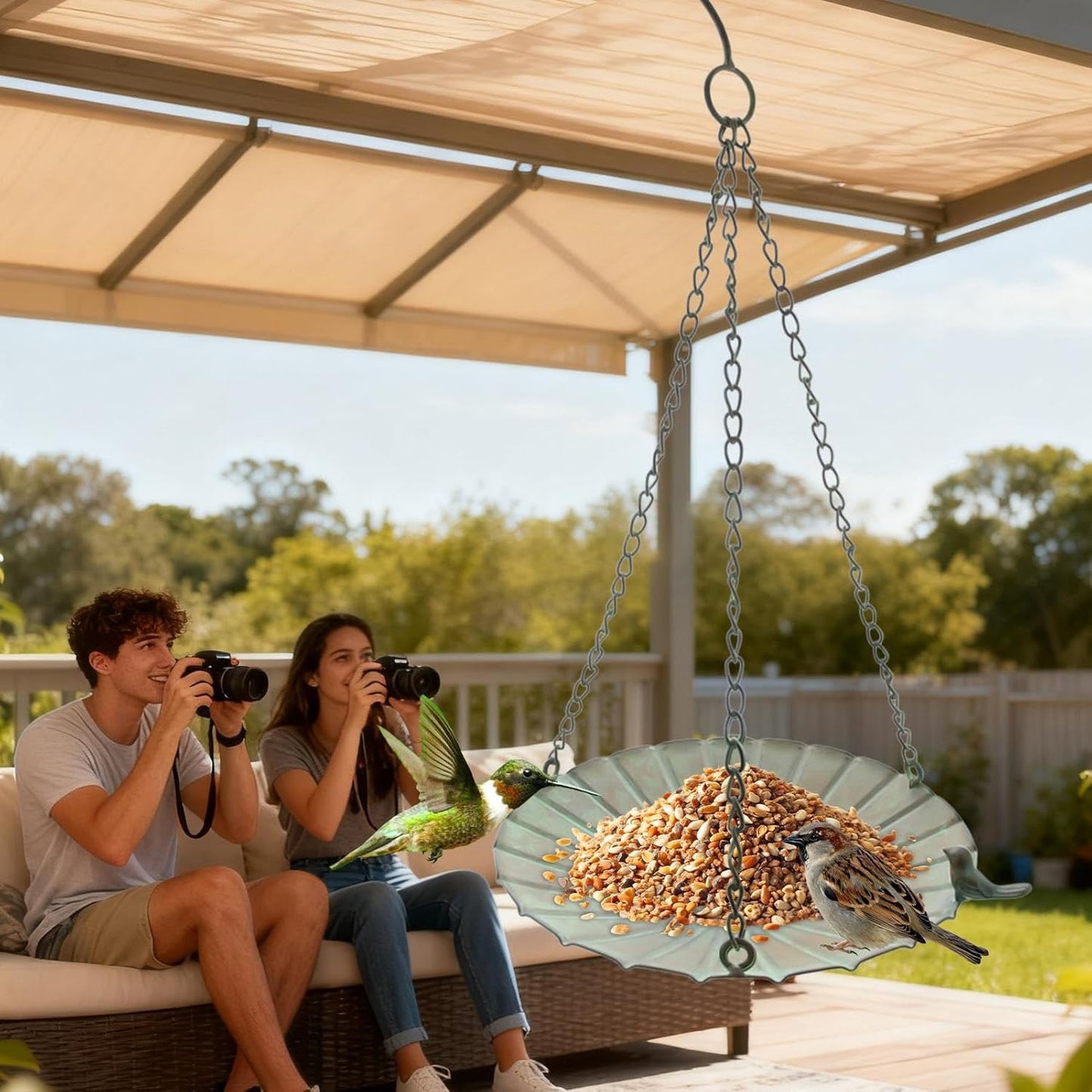 Bird Feeder Tray, Large Capacity Hangable Iron Bowl, Outdoor Garden Bi