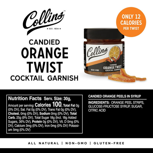Collins Candied Fruit Orange Peel Twist in Syrup, Popular Cocktail Garnish for Skinny Margarita, Martini, Mojito, Orange Peel for Old Fashioned Drinks, Baking, Desserts, Salad, 10.9 oz