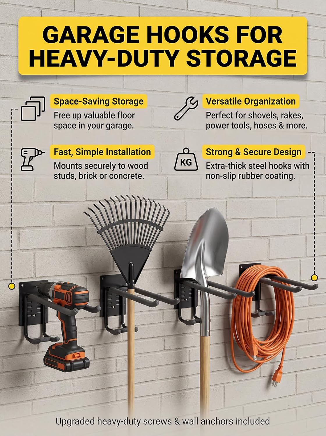 Delobon Garage Hooks 4pack Garage Organization [Steel Multi-Purpose Wall Storage Hooks] for Garden Tool Organizer Heavy Duty Hooks Ladder Power Tools Shovel Rake Broom