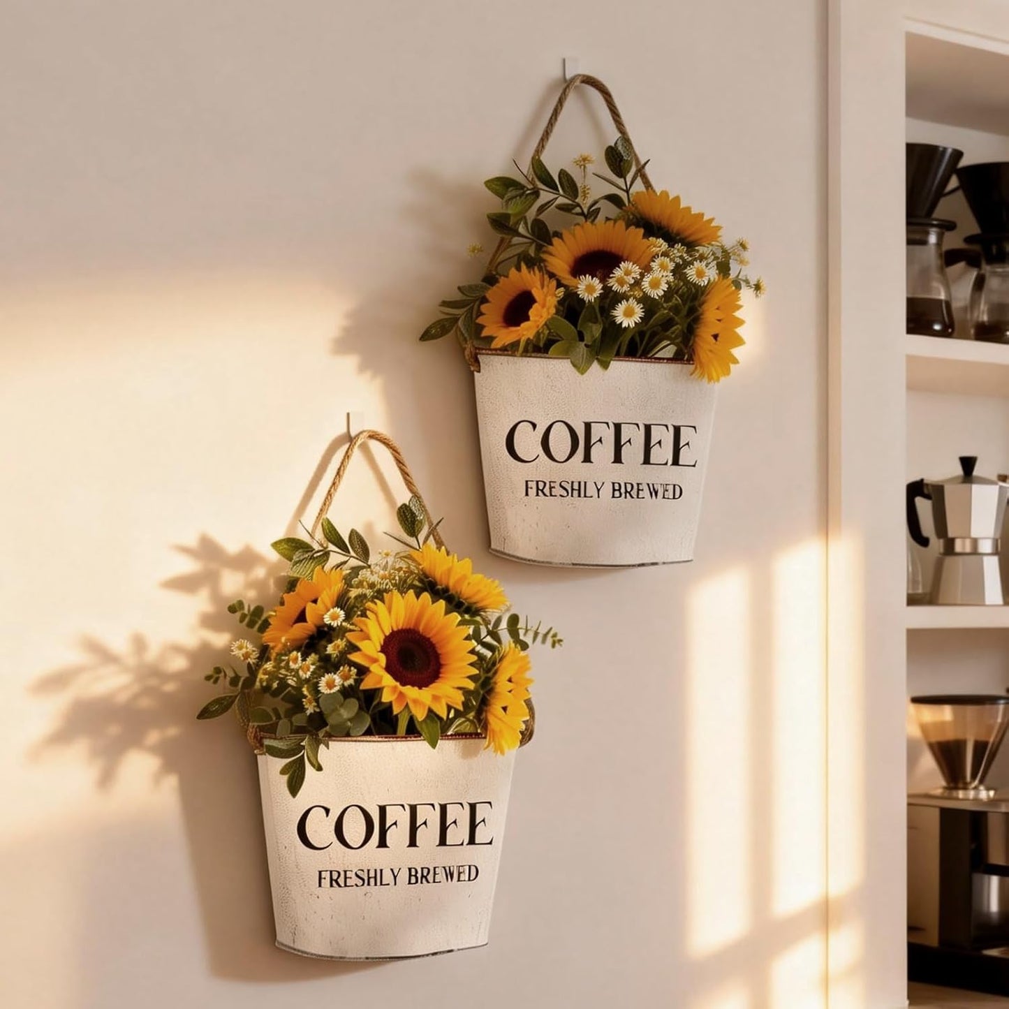 Coffee Bar Decor - 2 Pcs Rustic Farmhouse Wall-Mounted Planters, Decorative Flower Pots for Coffee Bar Walls, 6.2x5.5x4.3 Inches | Greenery Not Included