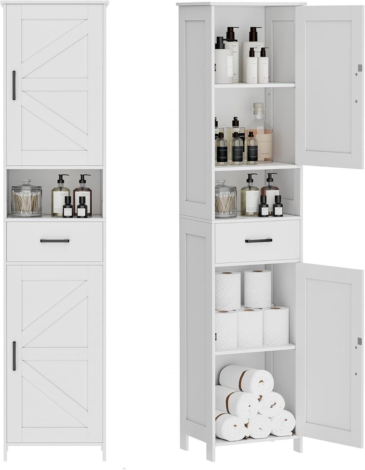 Homhedy 67" H Tall Bathroom Storage Cabinet with 2 Barn Doors and 1 Dr