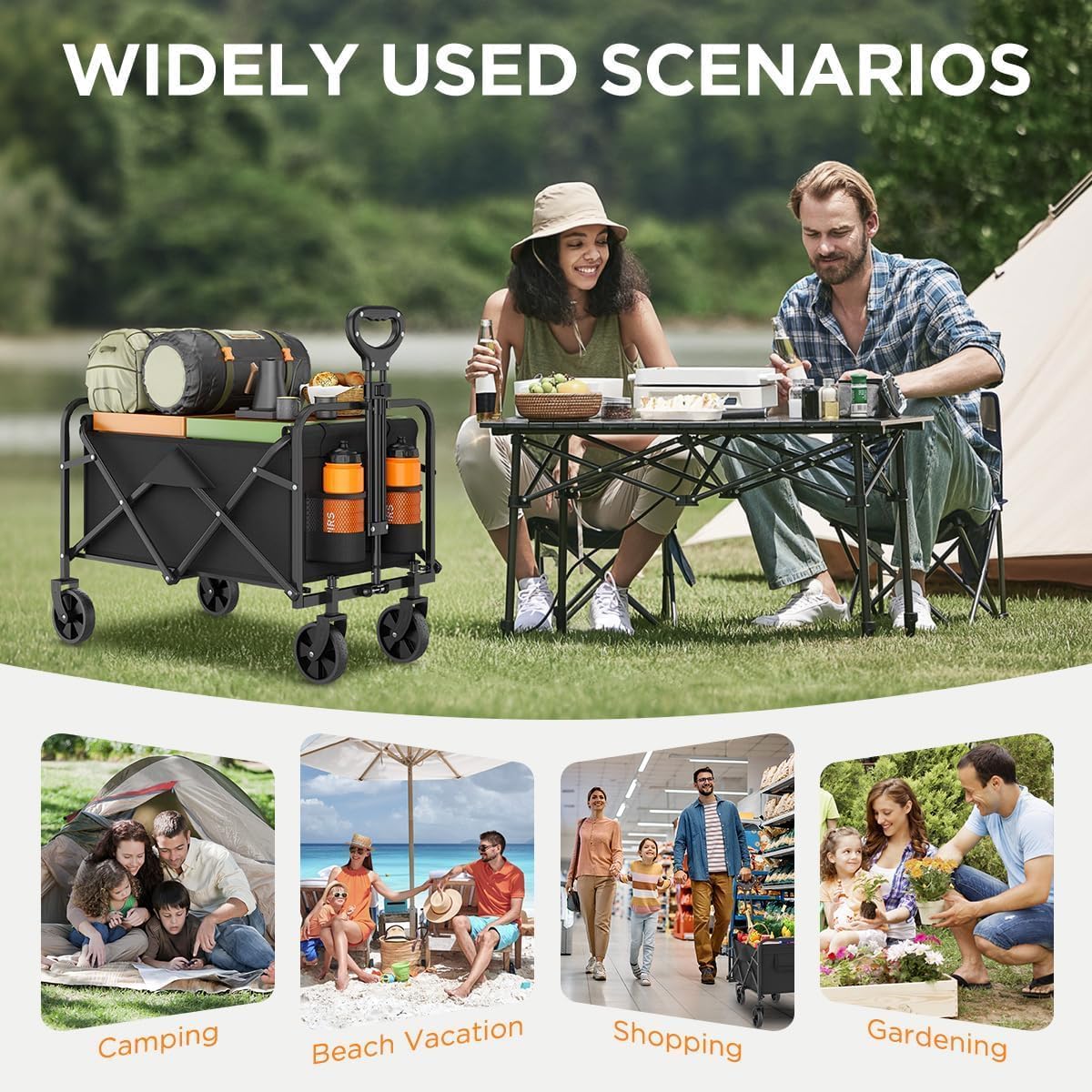 Collapsible Wagon 360 lbs, Heavy Duty Wagon Carts Foldable, Portable Wagons for Groceries, Beach Cart with All-Terrain Wheels & Drink Holders, Utility Wagon for Shopping, Sports, Camping, (Black A)