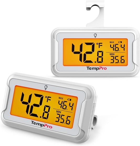 TempPro Refrigerator Thermometer 2 Pack with Large Backlit LCD Display, Waterproof Freezer Fridge Thermometer with Max/Min Record, Easy Battery Replacement for Room, Cooler (Previously ThermoPro)
