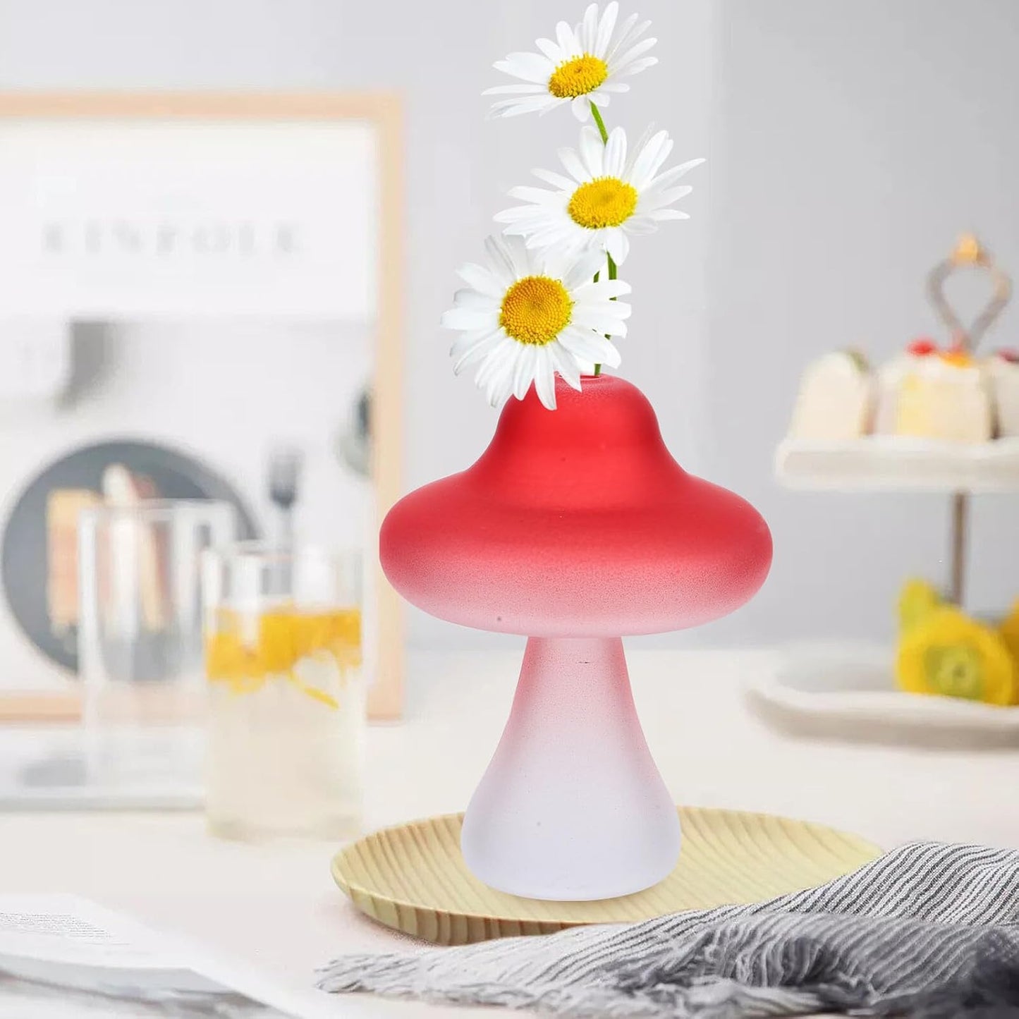 Mushroom Shaped Glass Vase Hydroponic Terrarium Planter Red Desktop Fl