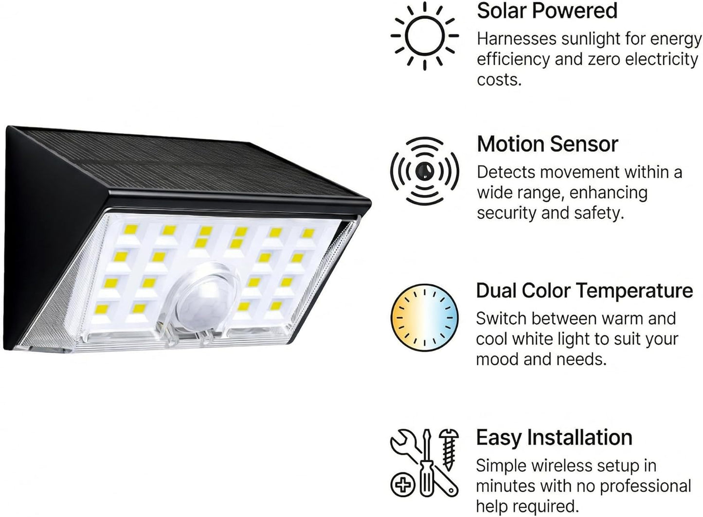 Solar Lights Outdoor Motion Sensor, 22 LED, 4 Modes Dusk to Dawn, IP65 Waterproof, 3000K/6500K Dual Color, for Yard Garden Patio Porch, 1 Pack