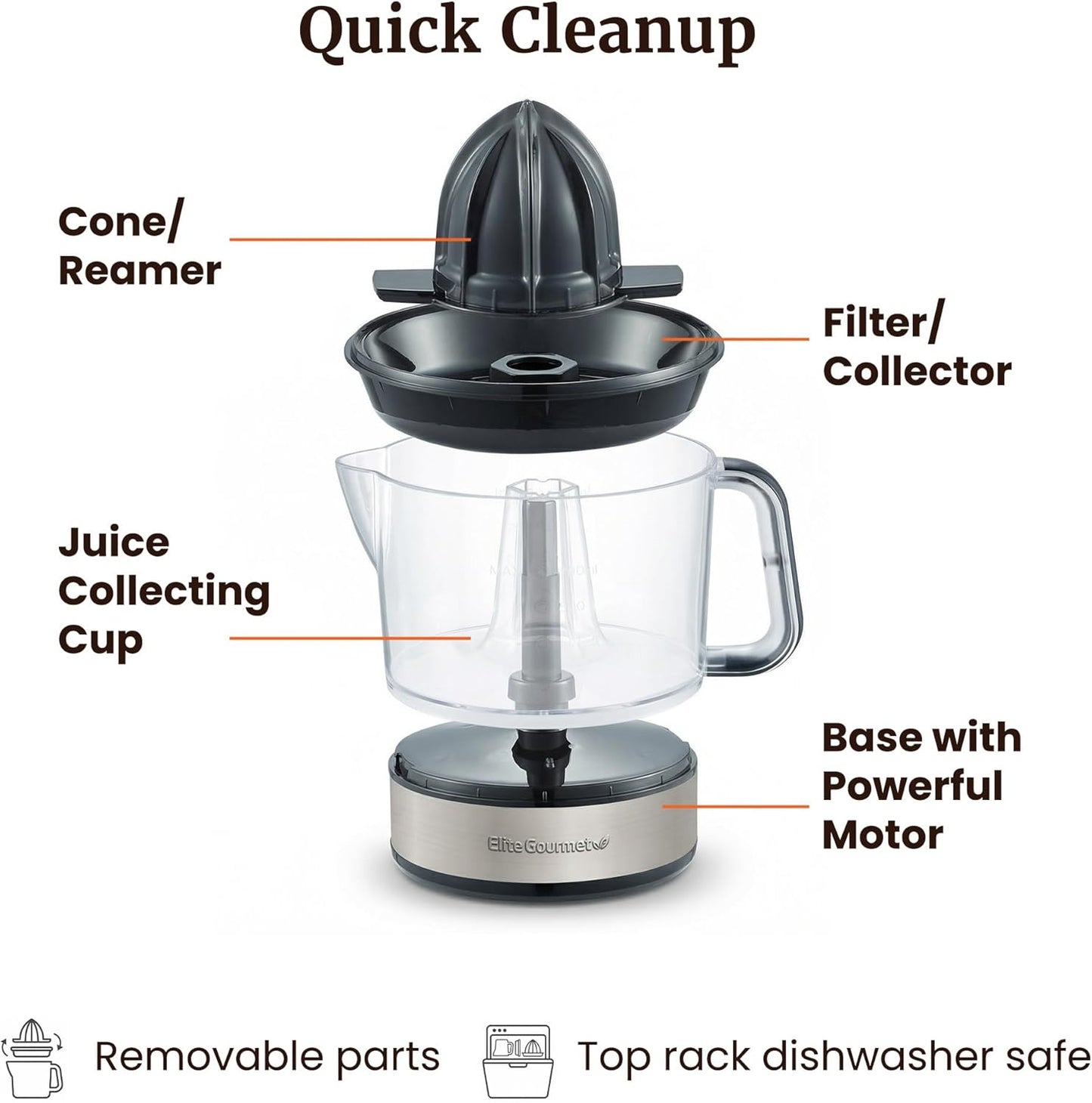 Elite Gourmet ETS623 BPA-Free 40-Watt Electric Citrus Juicer, Compact, Large Volume, Pulp Control, Oranges, Lemons, Limes, Grapefruits with Easy Pour Spout, 24oz, Black/Stainless Steel