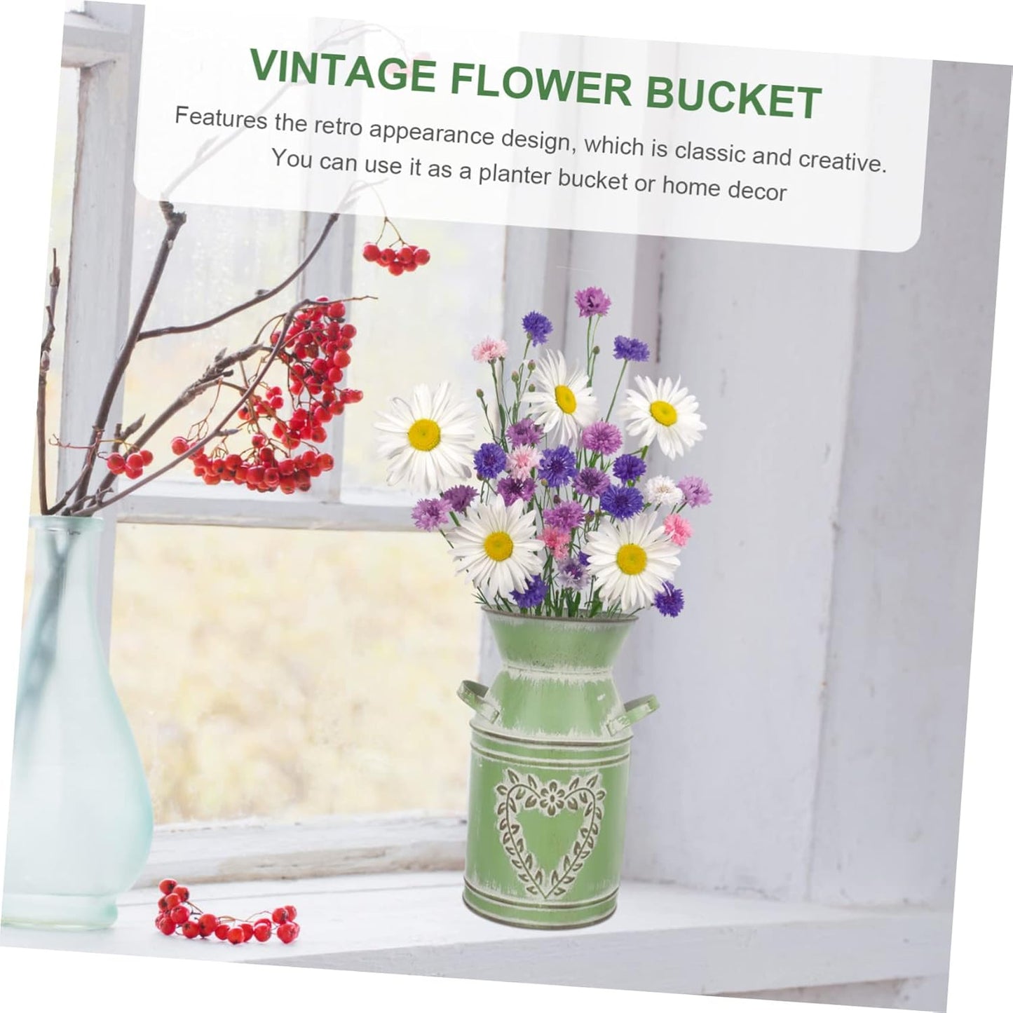 Flower Pot Decorative Flower Farmhouse French Rustic Metal Jug Country Pitcher Metal Flower Bucket with Handles Terrarium Decorations Home Flower Container Galvanized Iron Vase
